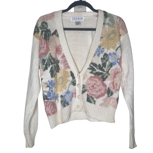 Vintage Studio Michelle Stuart Hand Knit Floral Cardigan Sweater S White Multico - Picture 1 of 13